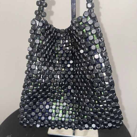 Francesca’s Black Wooden Beaded Crossbody Bag Pouch Floral Lining EUC - Picture 2 of 6